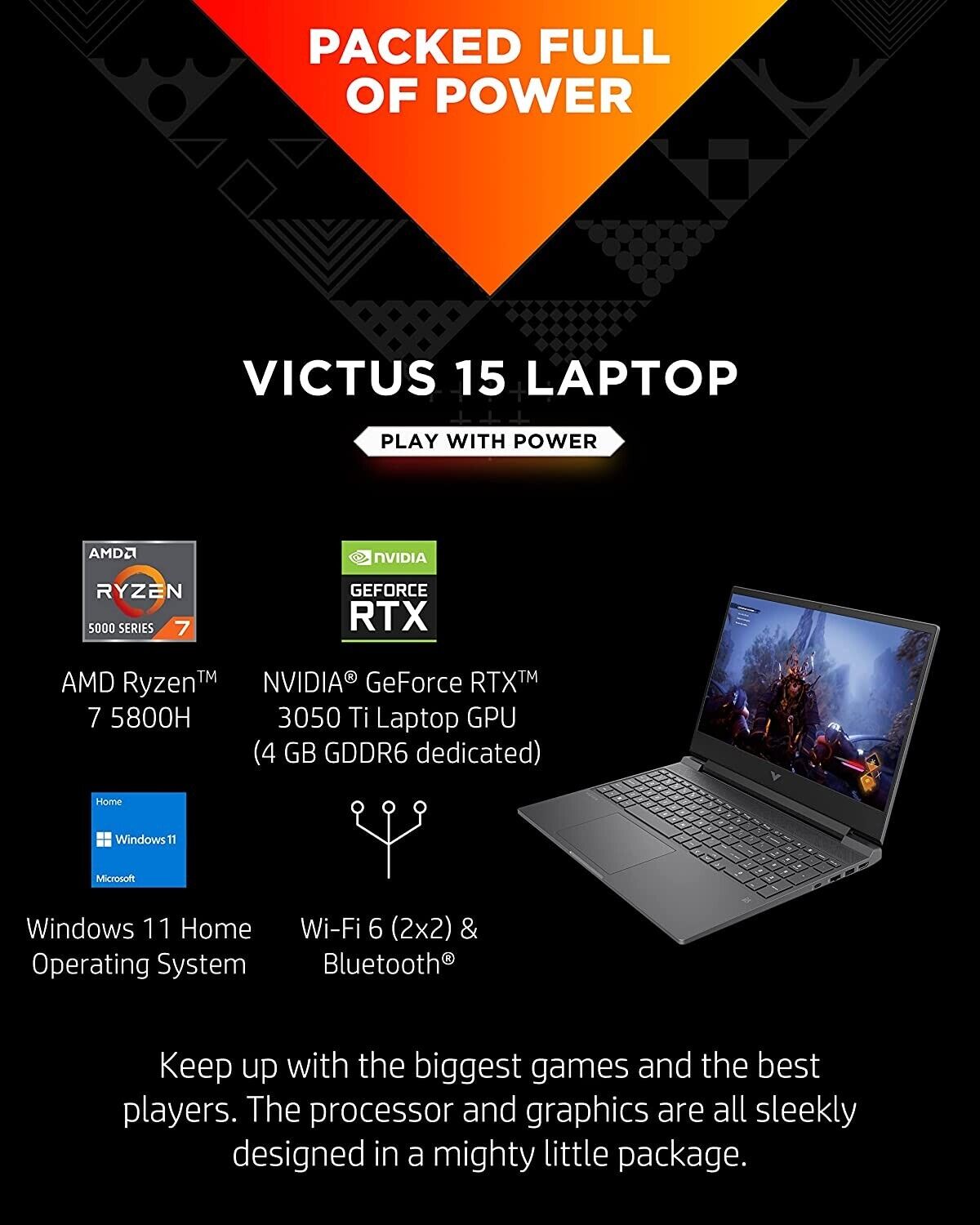 Laptop para juegos HP Victus de 15,6" (Ryzen 7 5800H/16GB/RTX 3050 Ti/1TB/FHD/144Hz) Grado A